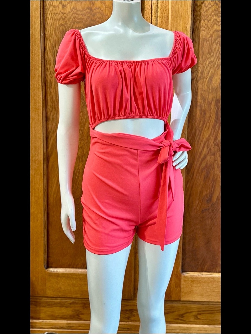 Women’s Coral Tie-Waist Romper - Crop Puff Sleeve